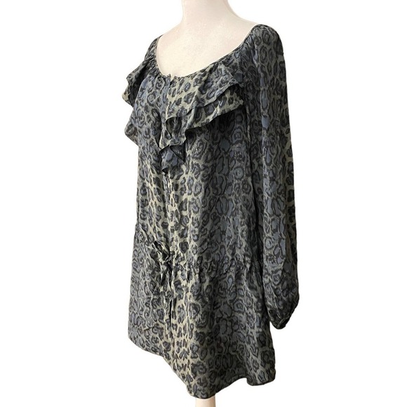 Rebecca Taylor Women Leopard Print Tunic mini dress Boat Neck Silk blue gray 10 - Picture 2 of 9